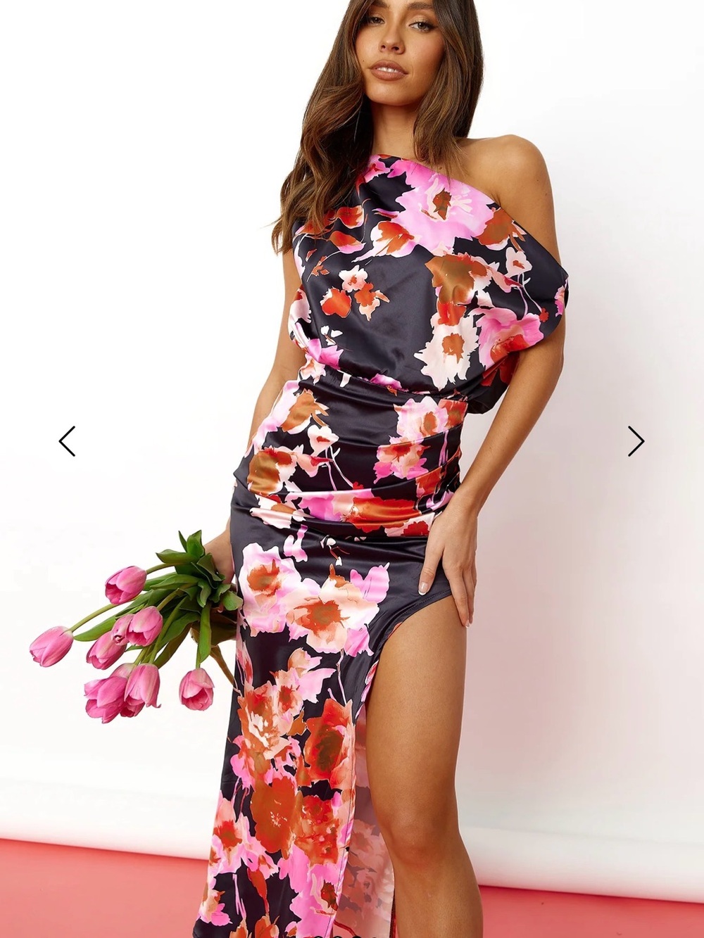 Hello Molly One-Shoulder Satin Maxi Dress in Black, Pink and Brown Floral
